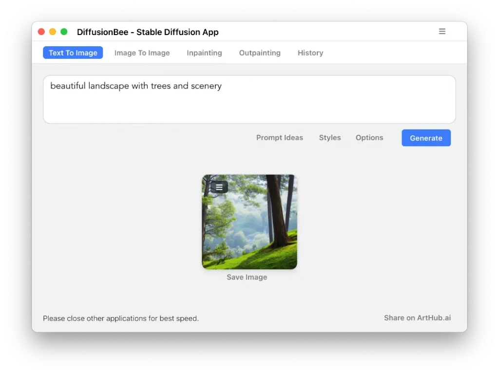 Screenshot of DiffusionBee Text to Image in action