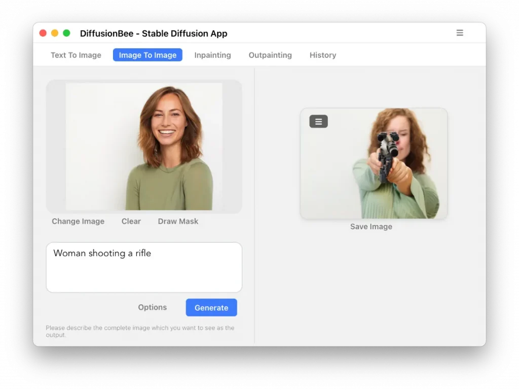 Example of Image to Image in Diffusion, woman shooting a rifle