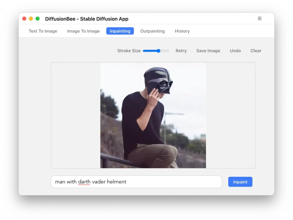 The man's head has been replaced by Darth Vader
