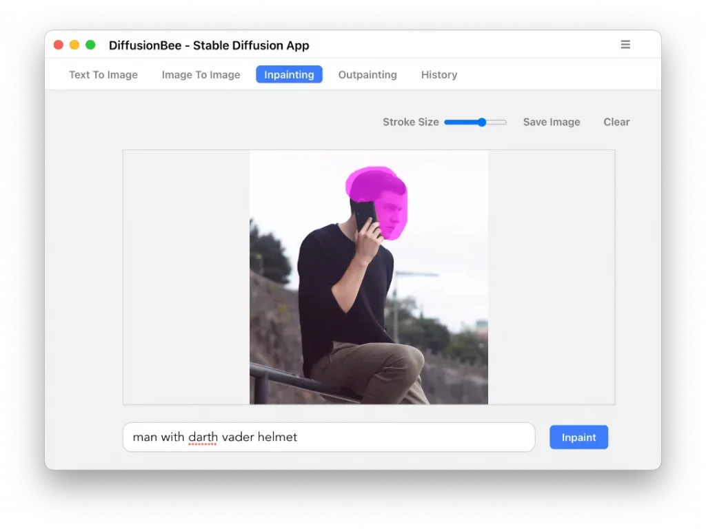 Inpainting: painting a mask over an image of a man on a phone