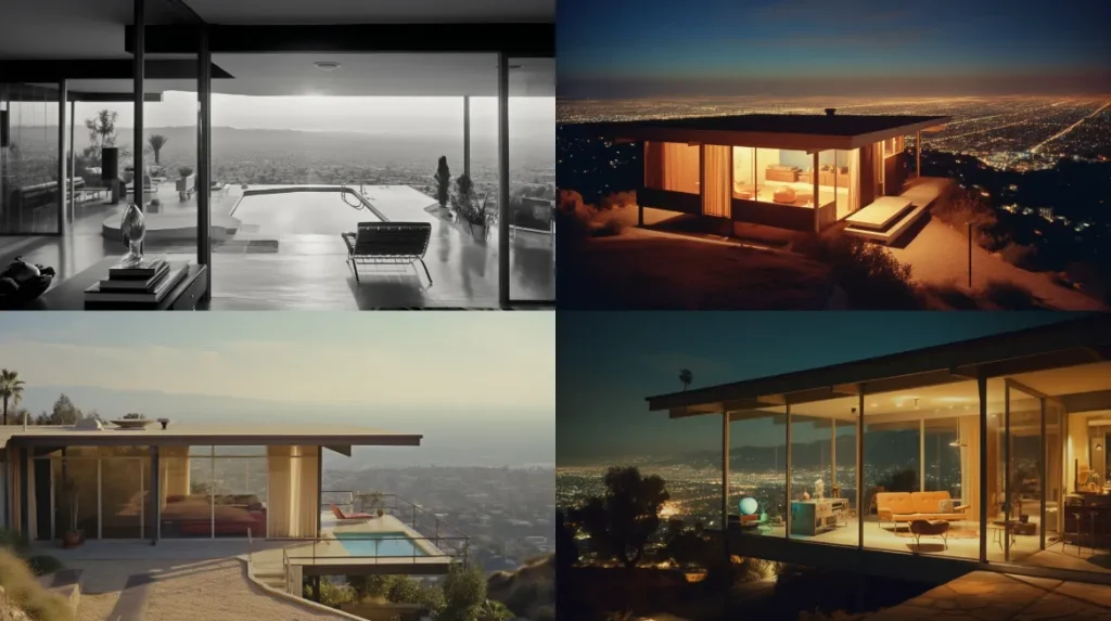 Midjourney architecture prompts: Julius Shulman