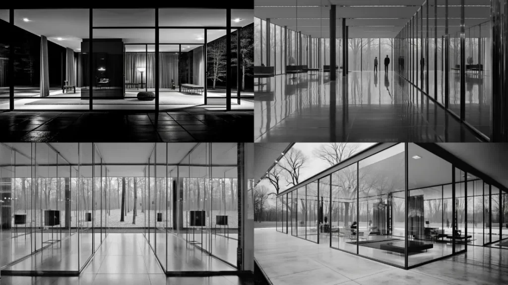 Ludwig Mies van der Rohe, house with glass and mirrors and grid columns, light and modern and transcendent, photographed by Ezra Stoller --ar 16:9 --c 2 --s 90