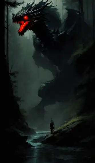 Fantasy art, a dragon in a dark foggy forest, by SDXL.