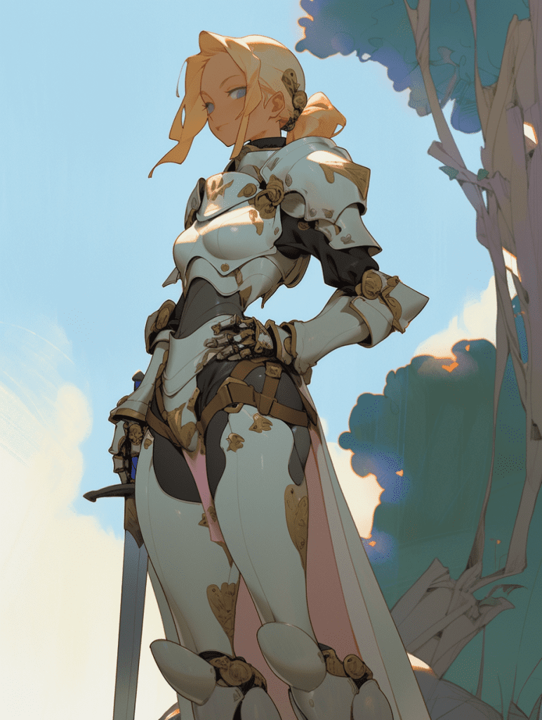 A female knight in Niji Journey's expressive style.