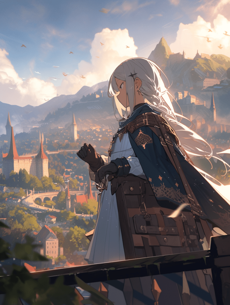 A female knight in Niji Journey's scenic style.