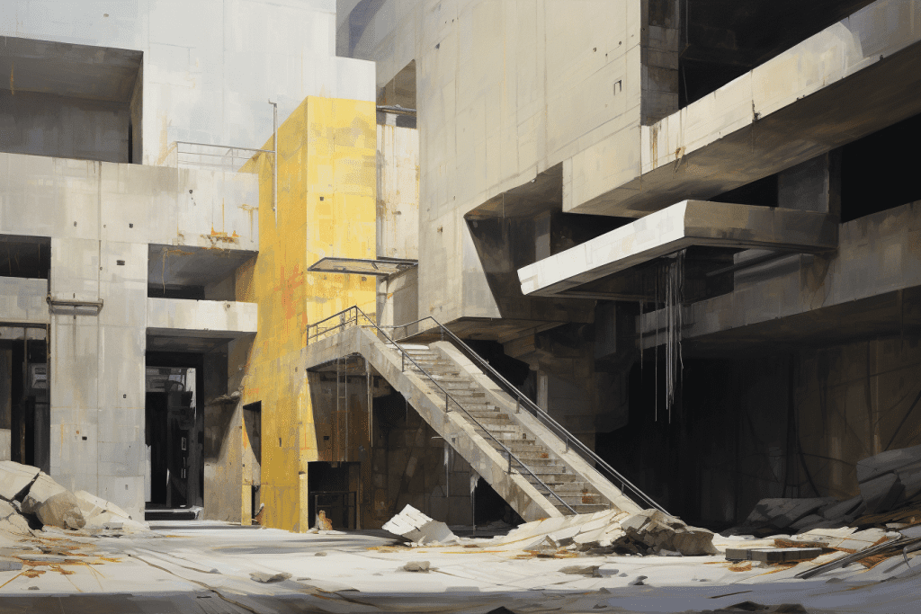 The first image is an industrial, brutalist scene of a staircase at 3:2 aspect ratio.