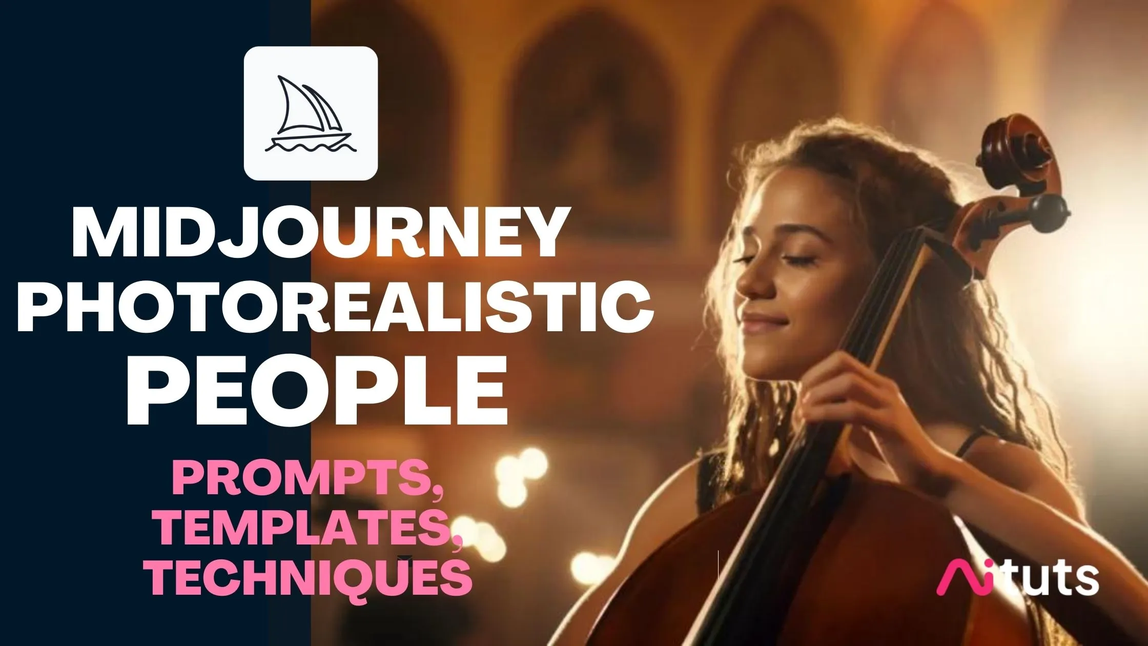 Midjourney Photorealisitc People Prompts, with templates and techniques, girl playing cello.