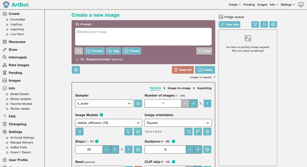 ArtBot is a Stable Diffusion website with a somewhat complicated, but full-featured interface.