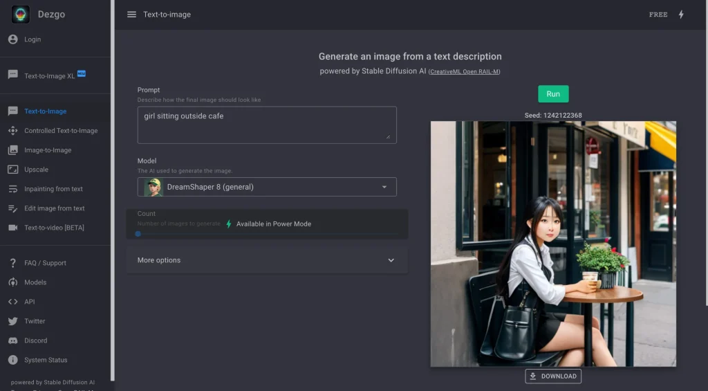 Dezgo, a Stable Diffusion website that is only recommended if you are willing to pay for Power Mode.